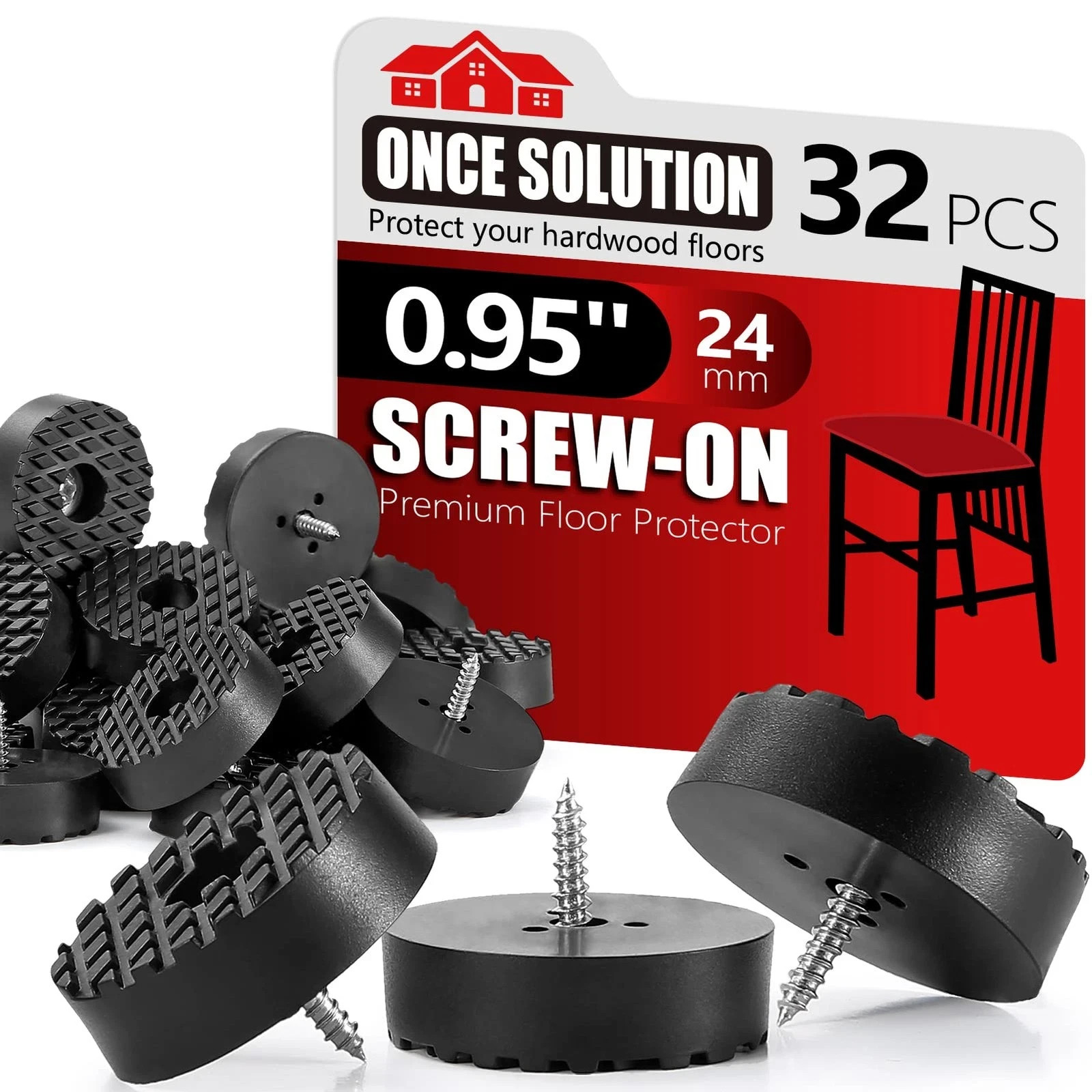 Screw-On Rubber Feet for Furniture - 32PCS Floor Protector for Chair Leg - 0.95"