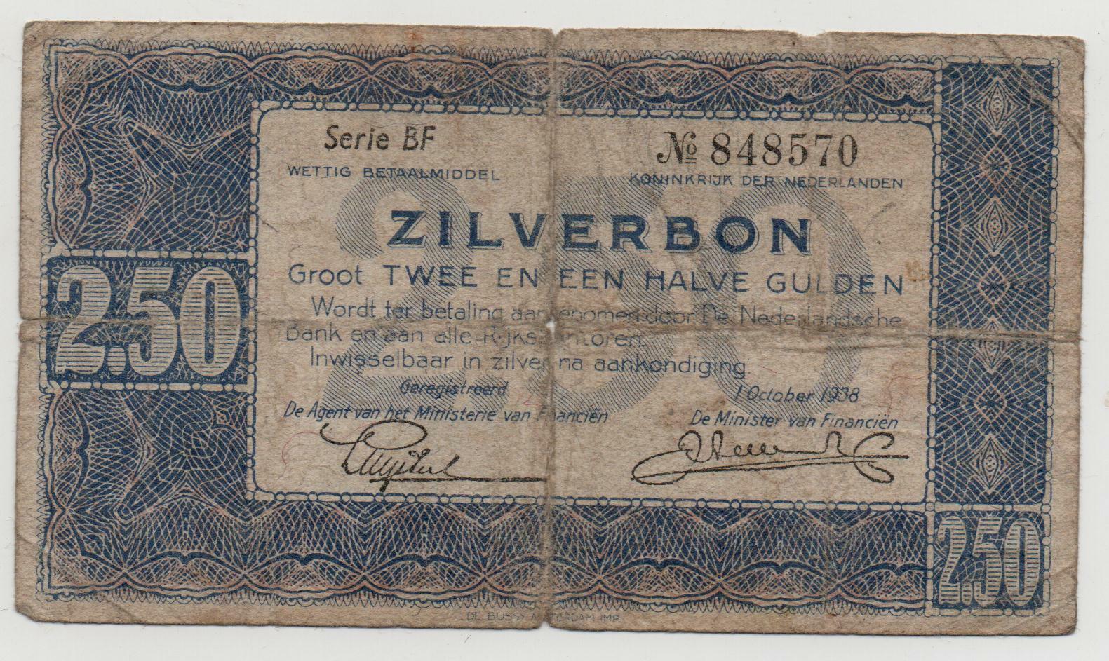 NETHERLANDS 2, 5 2 1/2 GULDEN 1938 PICK 64 LOOK SCANS