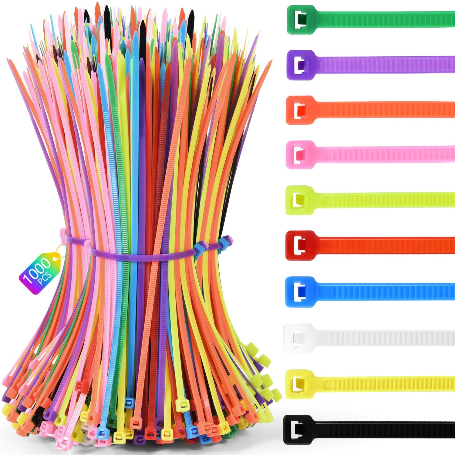 1000 Pcs 8-Inch Color Cable Ties - 30 lbs Tensile Strength, 10 Mixed Colors S...