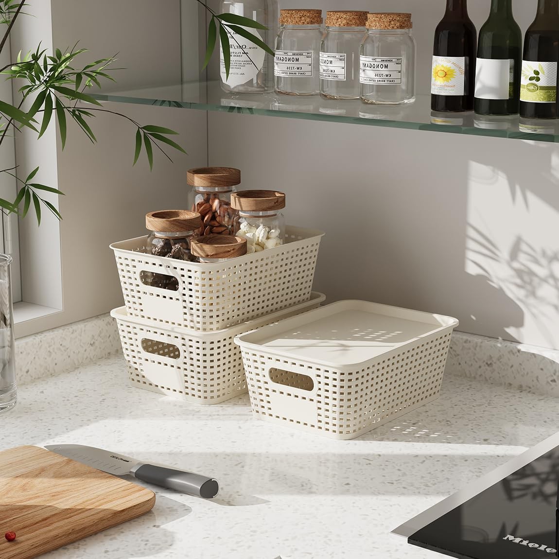 6 Pack Plastic Storage Baskets with Lids, Breathable Stackable Organizer Bins...