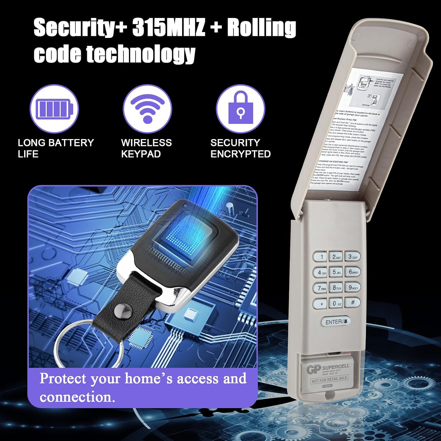 377LM Wireless Keypad 2 Keychain Remotes for Liftmaster Purple Learn Button | 3
