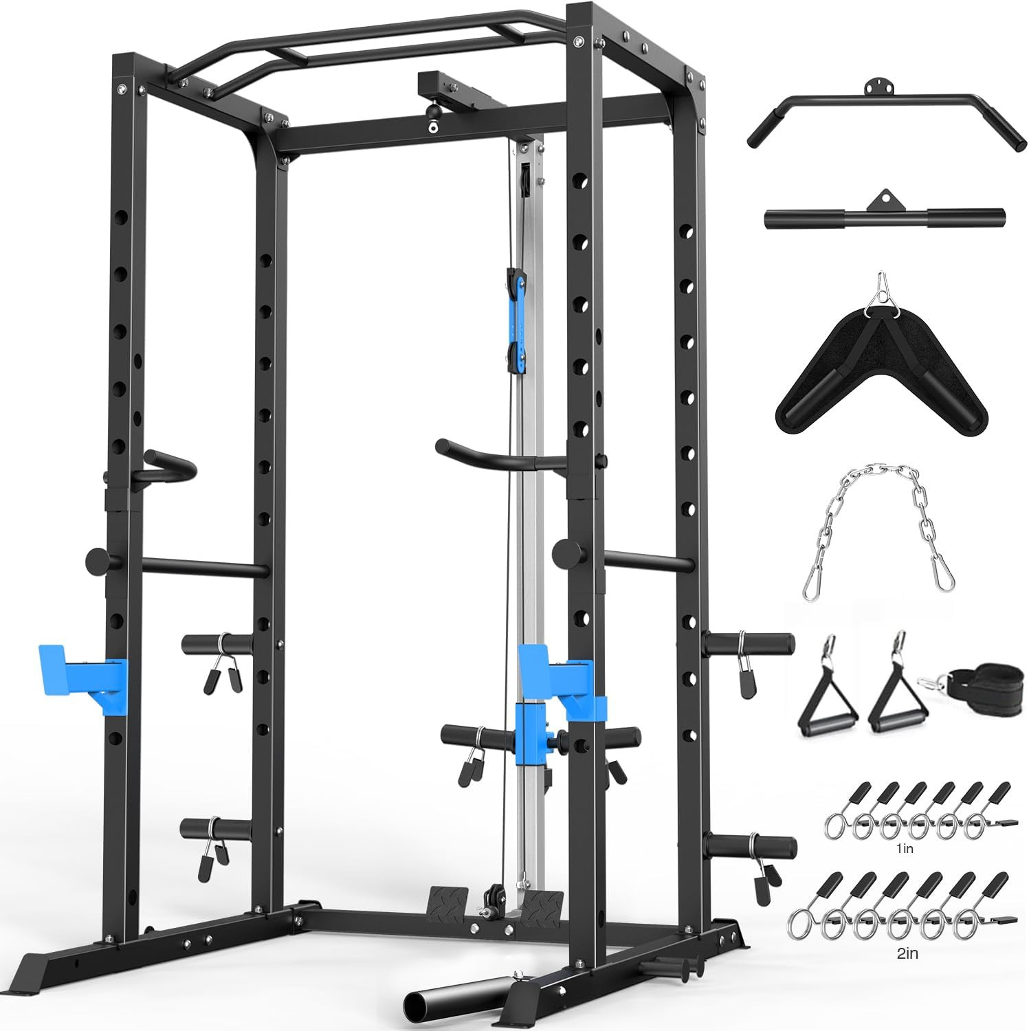Power Cage, Multi-Functional Power Rack with J-Hooks, Dip Handles, Landmine Atta