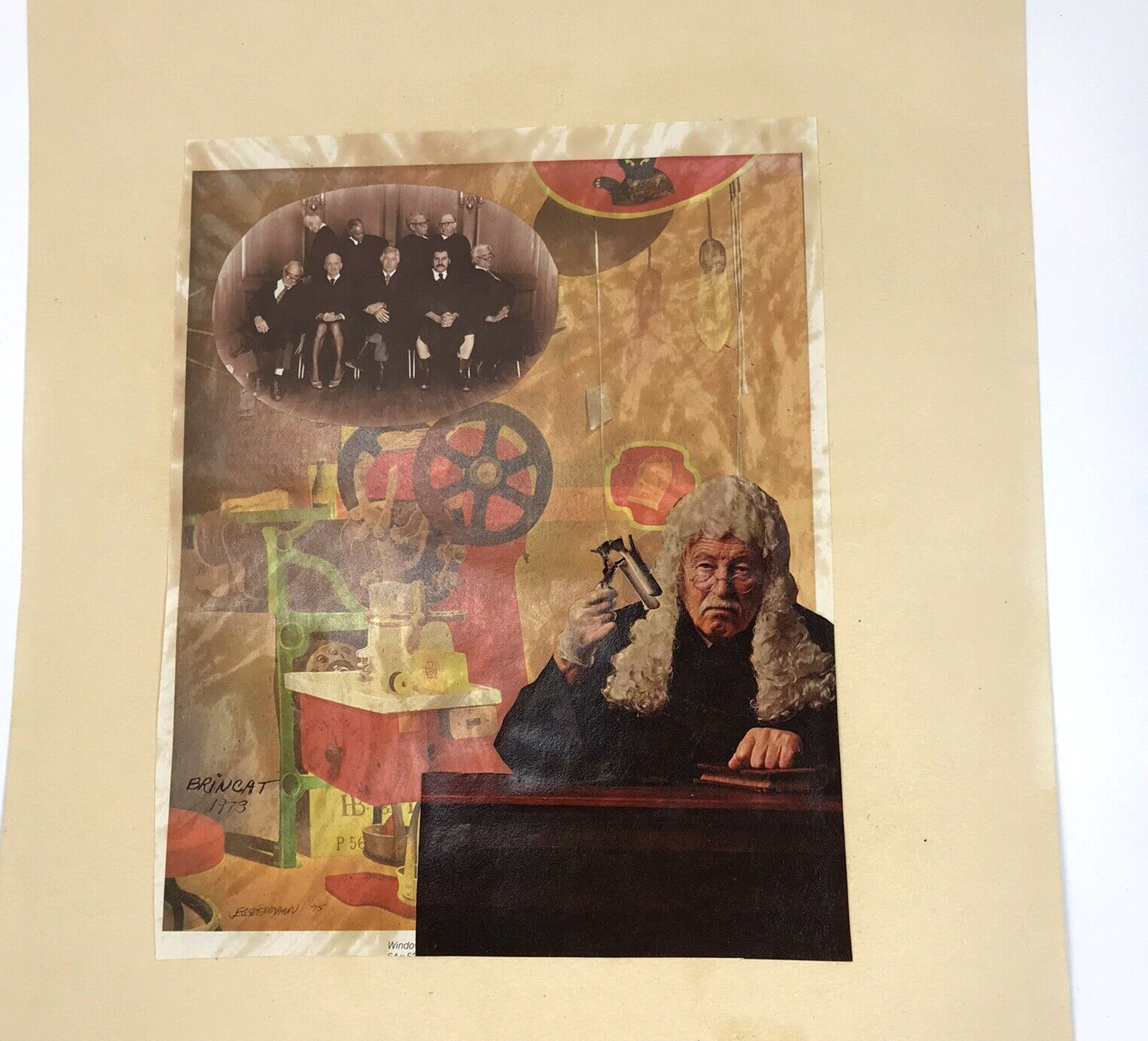 Vtg Collage Paper Art Guilty Justice In The 70s Signed Lin Brincat '73 Judges