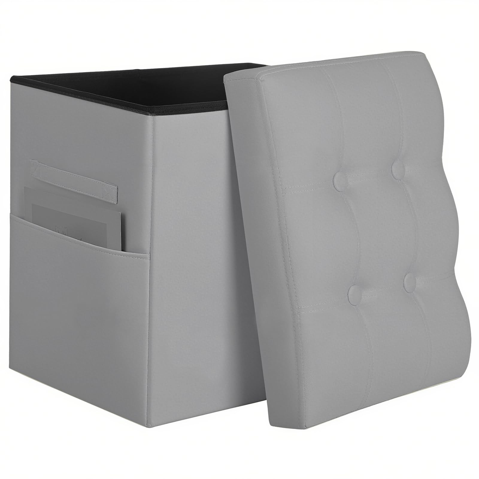 Ottoman Storage Foot Rest Stool Handles Side Pocket Leather Grey 17x13x17in Pro