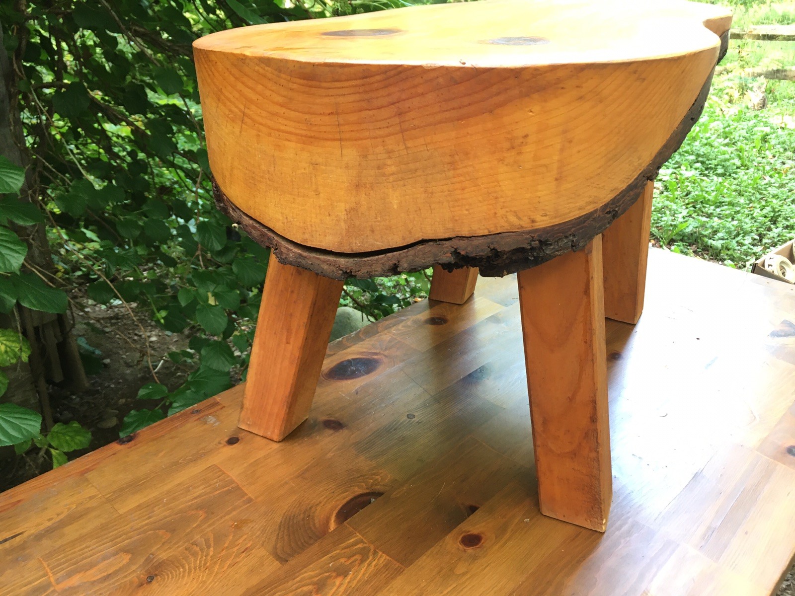 Vintage Handmade Primitive Wooden Log Bench Coffee Table w Bark Underside
