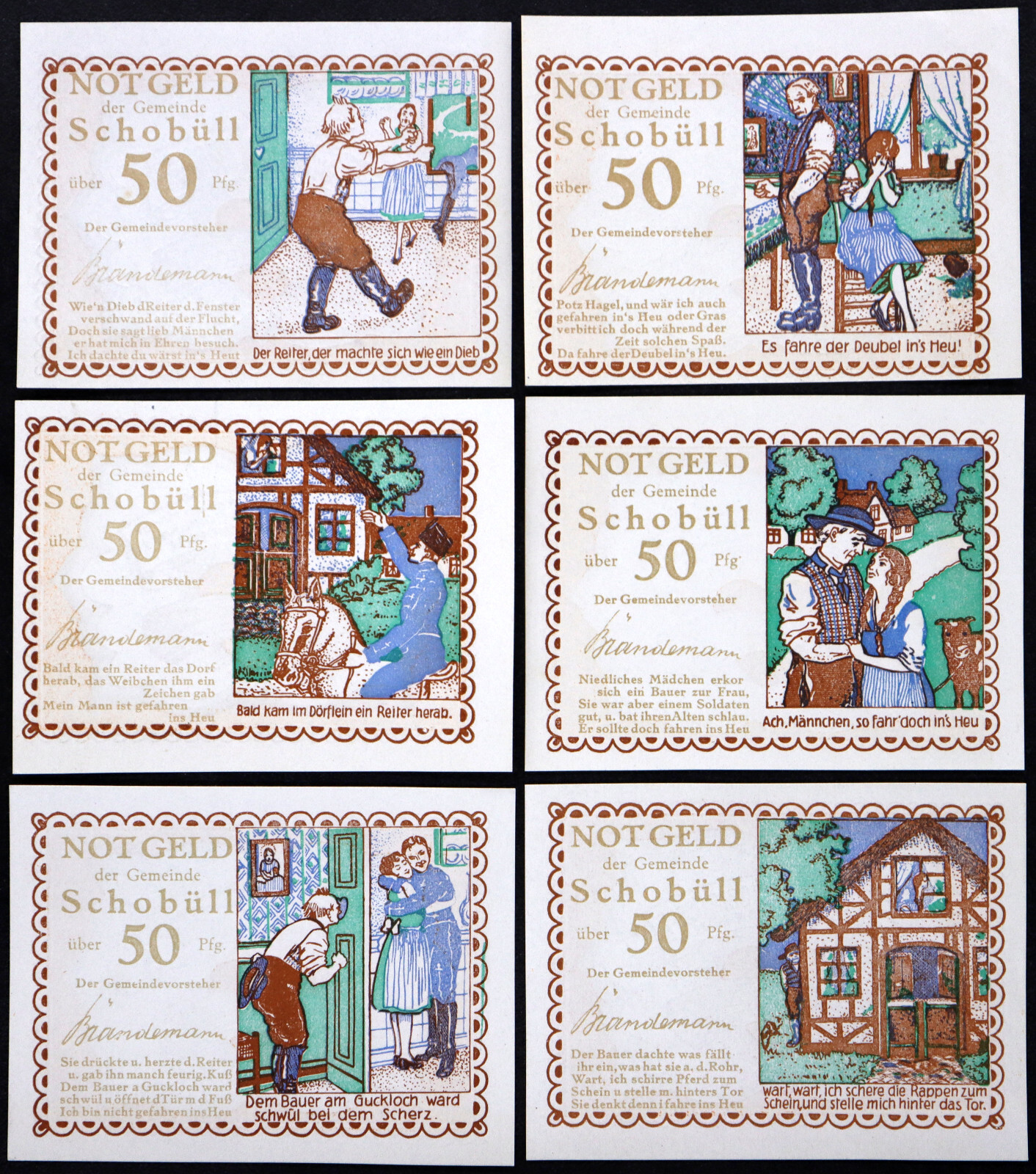 SCHOBÜLL 1921 "Farmer's Cheating Wife" Complete Olive Series German Notgeld