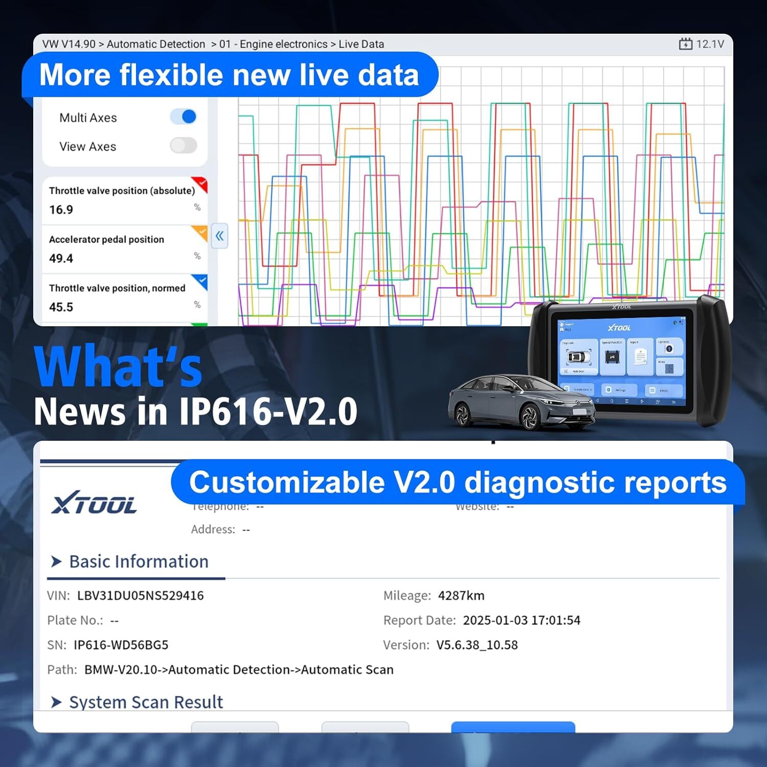 XTOOL IP616 V2.0 OBD2 All System Scanner Diagnostic Tool Lifetime Free Update