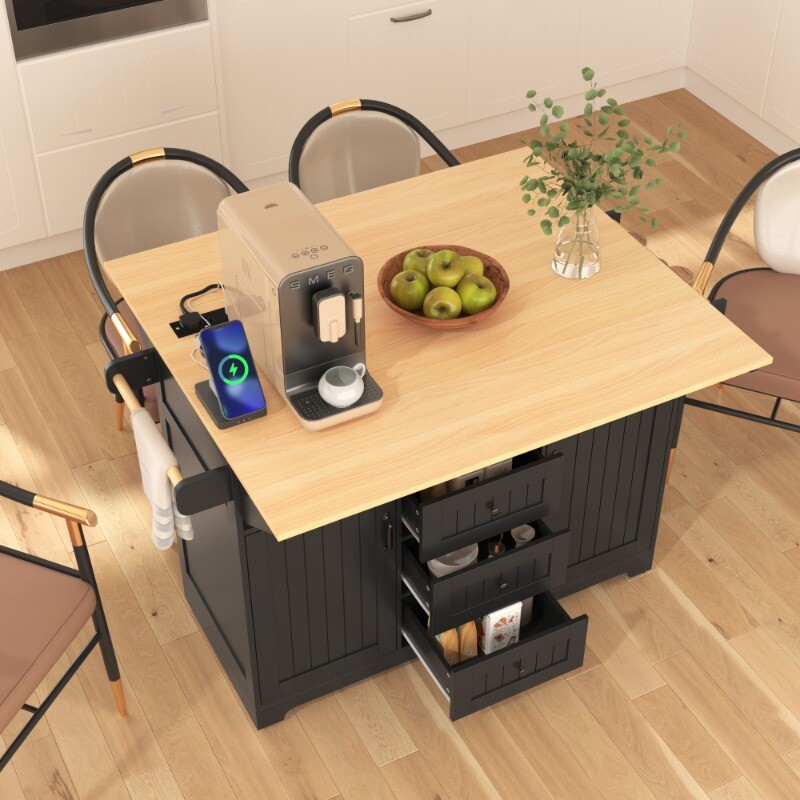 55.7'' Large Kitchen Island with 2 Drop Leaf Rolling Kitchen Cart on 5 Wheels