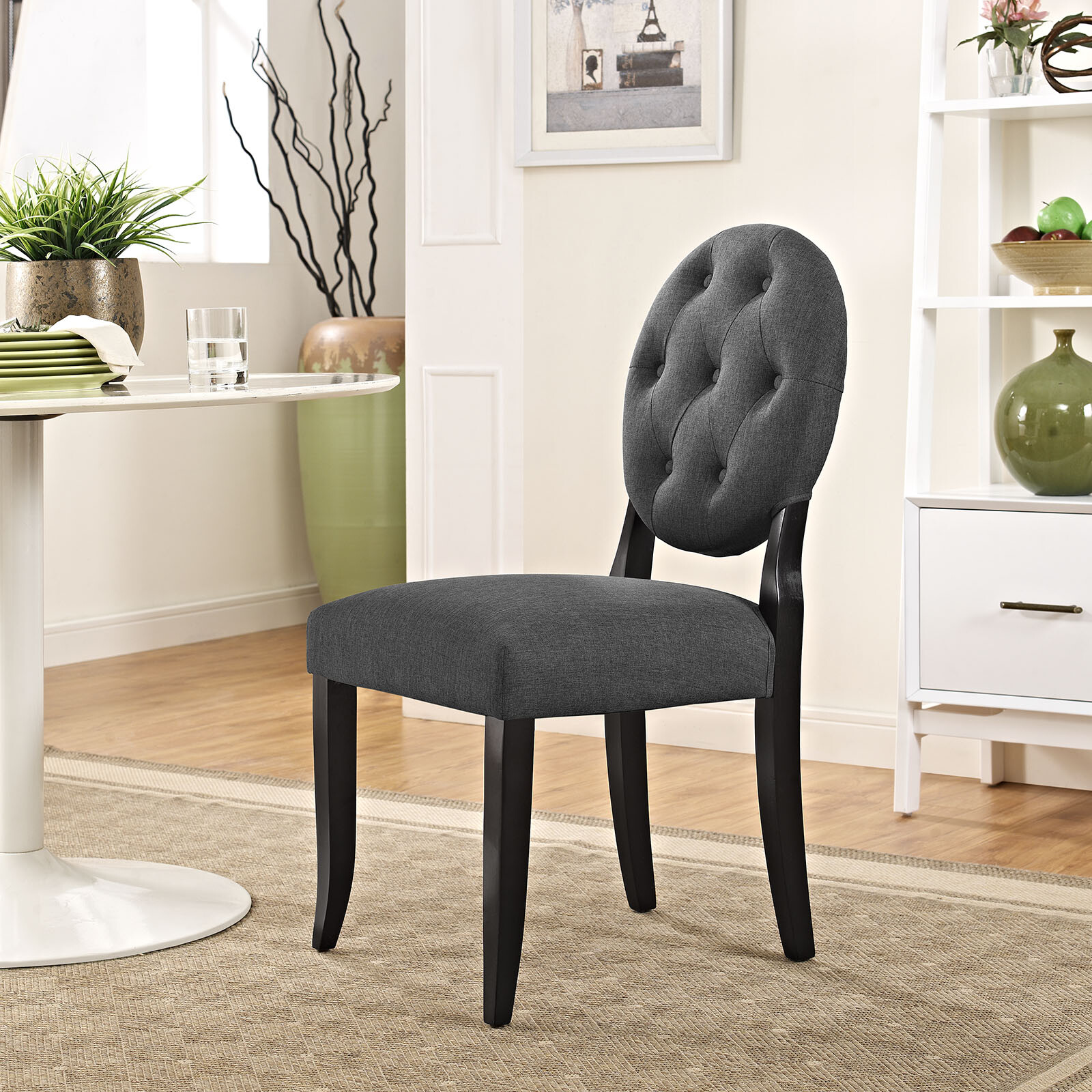 Modway Button-Tufted Round Back Upholstered Fabric Dining Side Chair in Gray