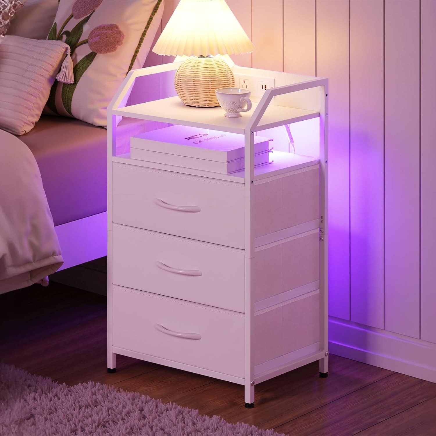 HOOBRO Nightstand with Charging Station, Bedside Table 1 AC White