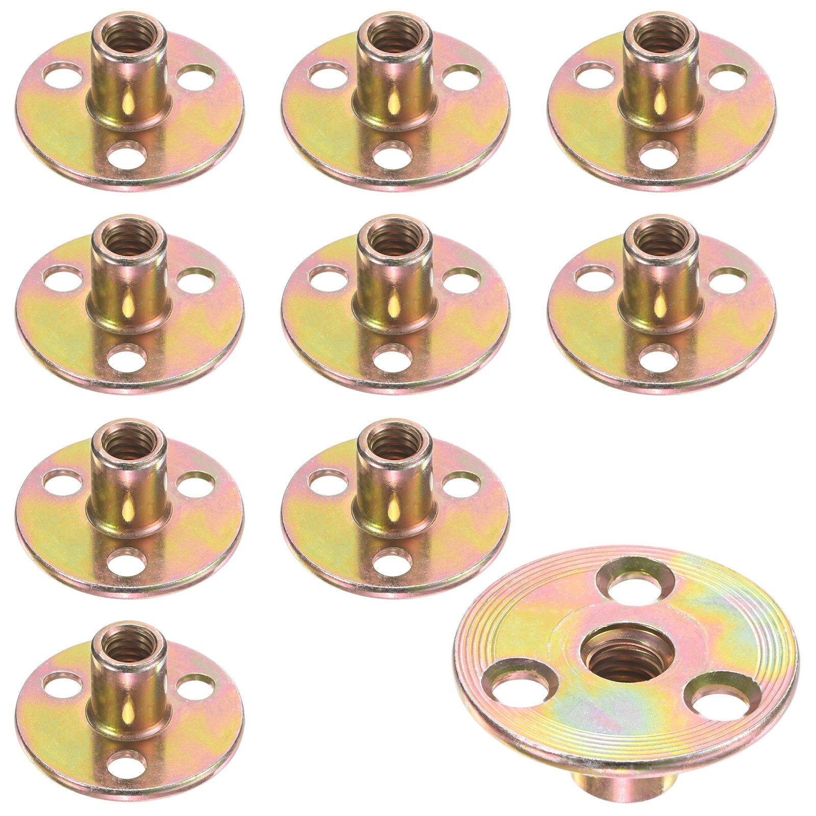 10-Pack 5/16" T-Nuts Carbon Steel Tee Nut 3-Hole Round Base Weld Nuts Gold