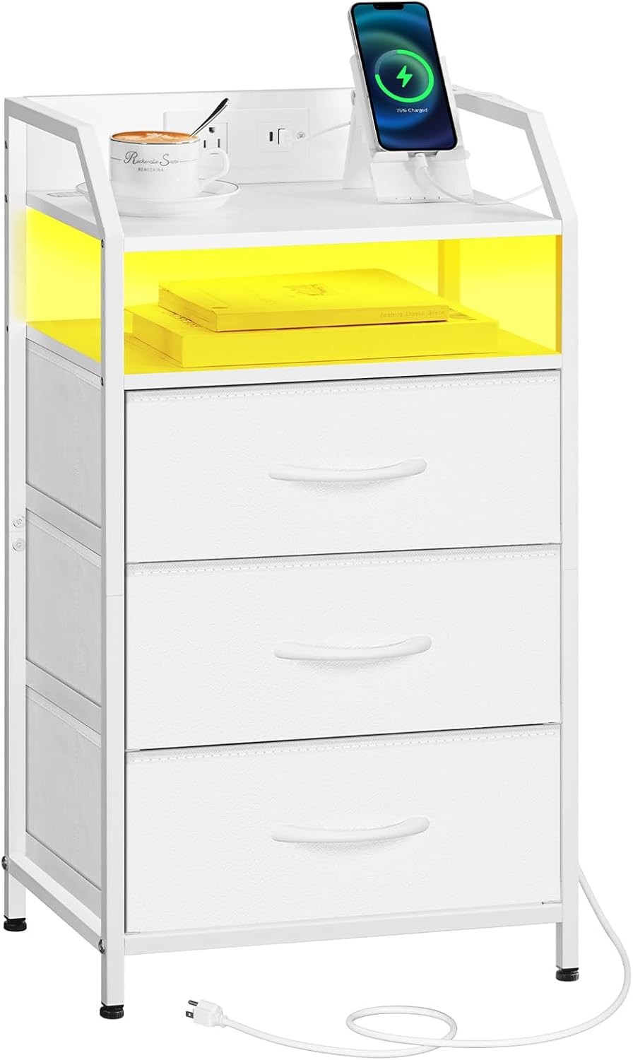 HOOBRO Nightstand with Charging Station, Bedside Table 1 AC White