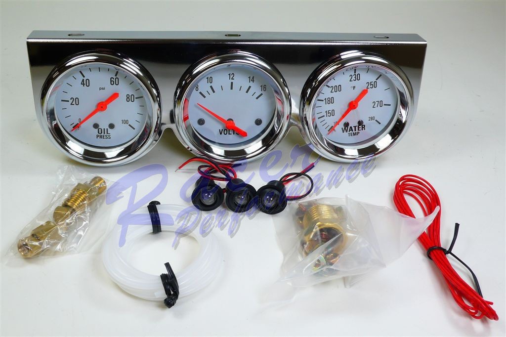 Universal 2 5/8" Chrome Mechanical 3 Gauge Kit W/ Panel Water Oil Volt SBC BBC