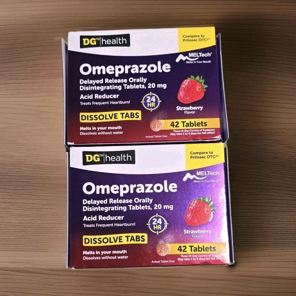DG Health Omeprazole 20 mg 24 HR ODT Strawberry 42 Tablets Exp 5/2027- 2 Boxes