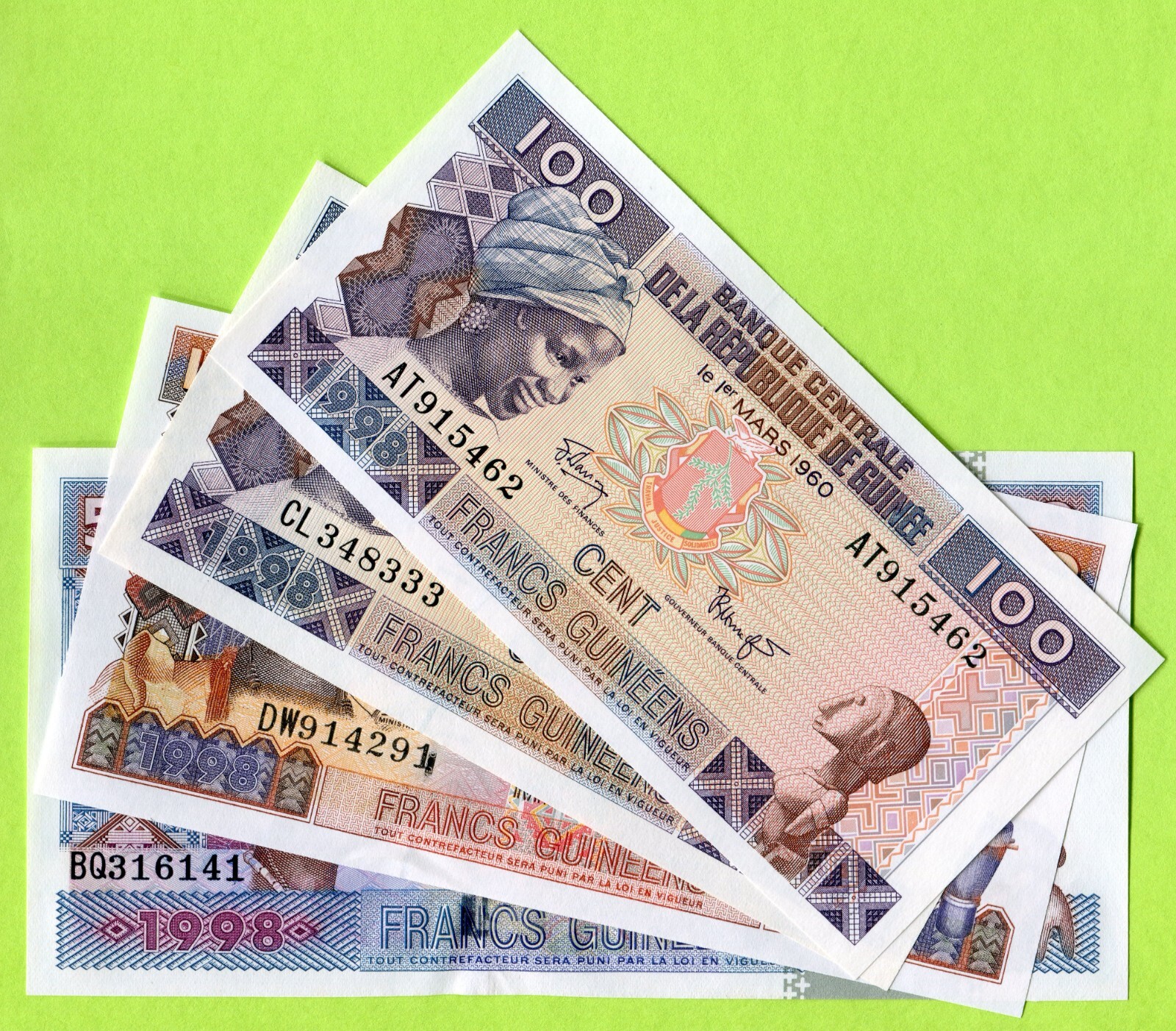 Guinea 100, 1000, 5000 Francs 1998 P35a1, 35a2, 37, 38 UNC