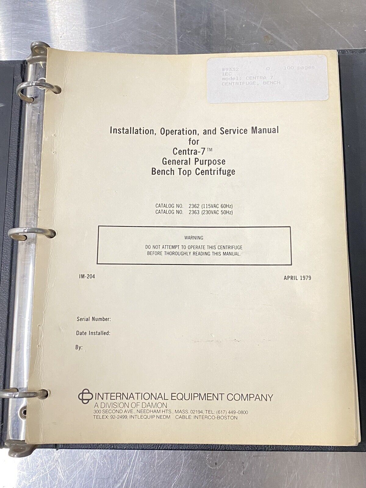 IEC Central 7 General Purpose Bench Top Centrifuge - Users Guide / Manual