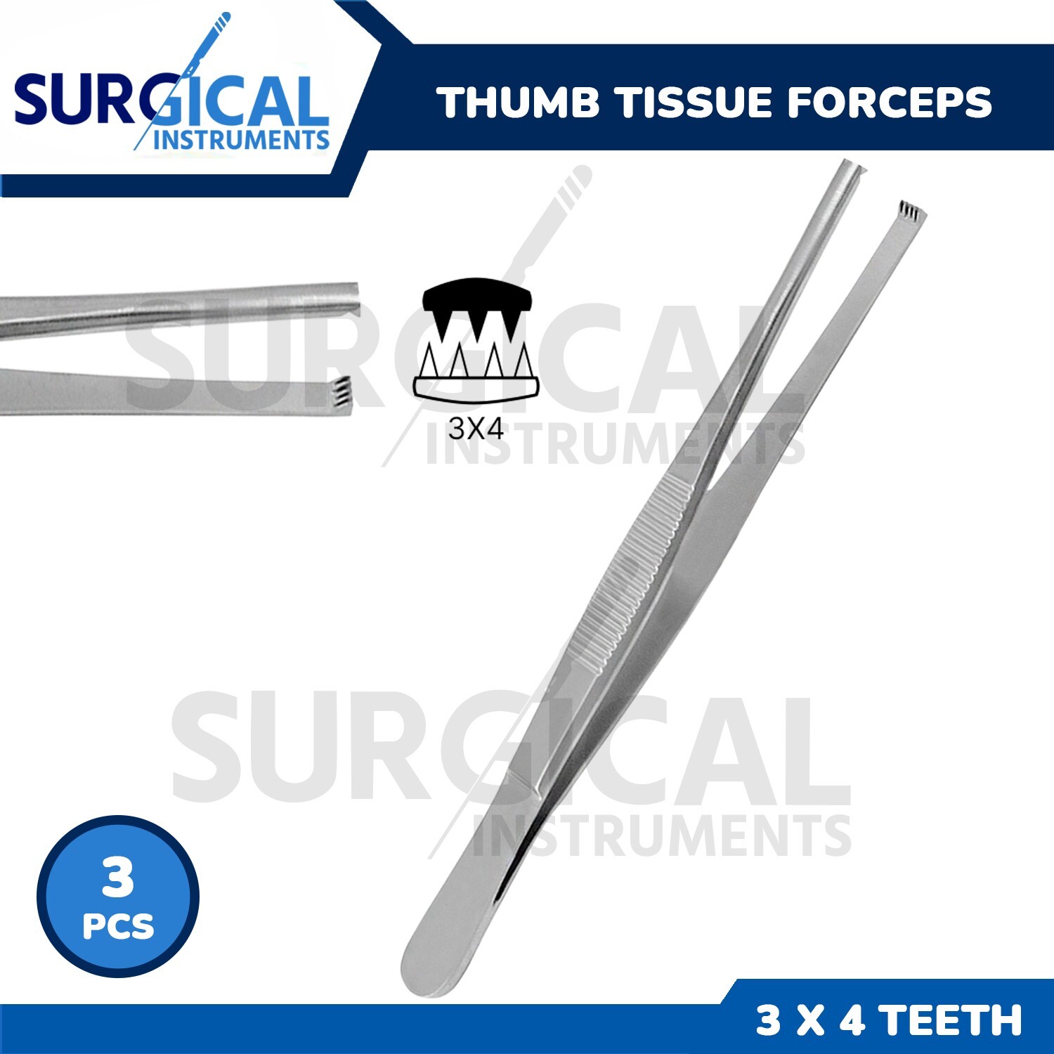 3 Pcs Thumb Tissue Forceps 5.50" 3X4 Teeth Stainless Steel German Grade