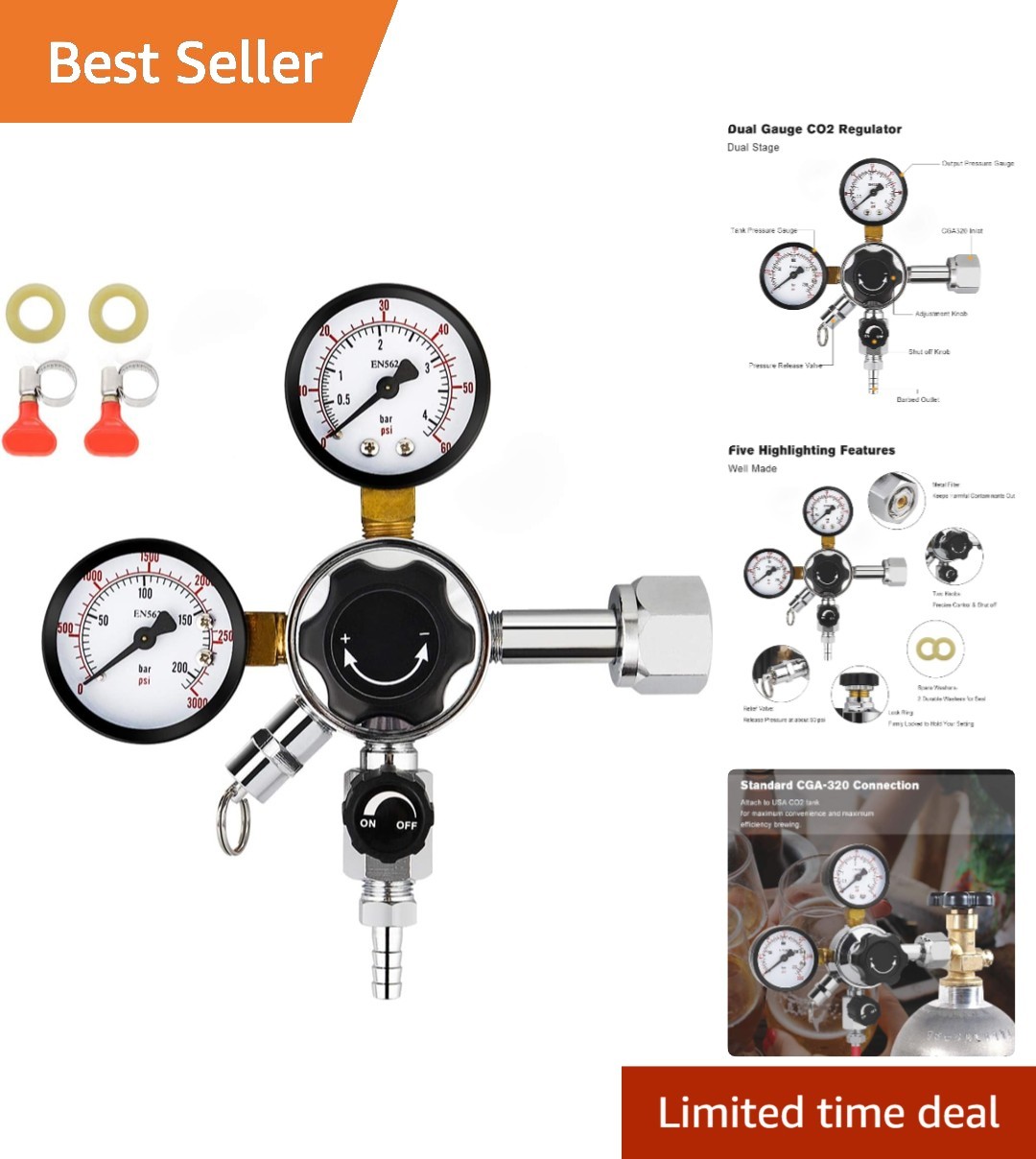 CGA-320 Beer Regulator with Pressure Release & Sintered Filter – Reliable Safety