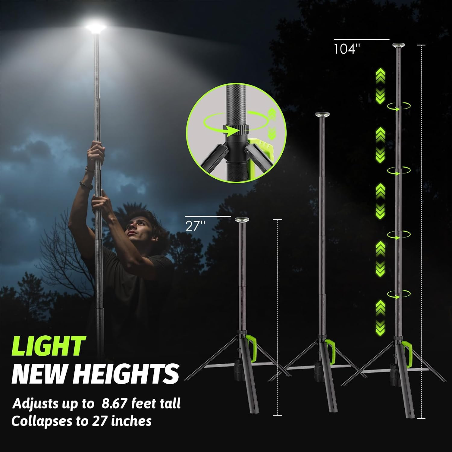 Rechargeable Telescopic Camping Light, 8.4FT LED Work Light with Tripod Stand &