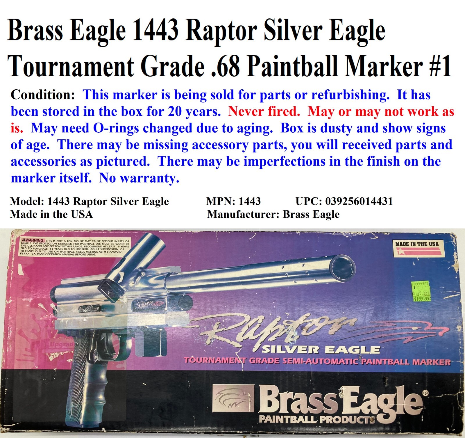 Raptor Silver Eagle .68cal Paintball Marker (Sold for Parts/Refurbishing)#1