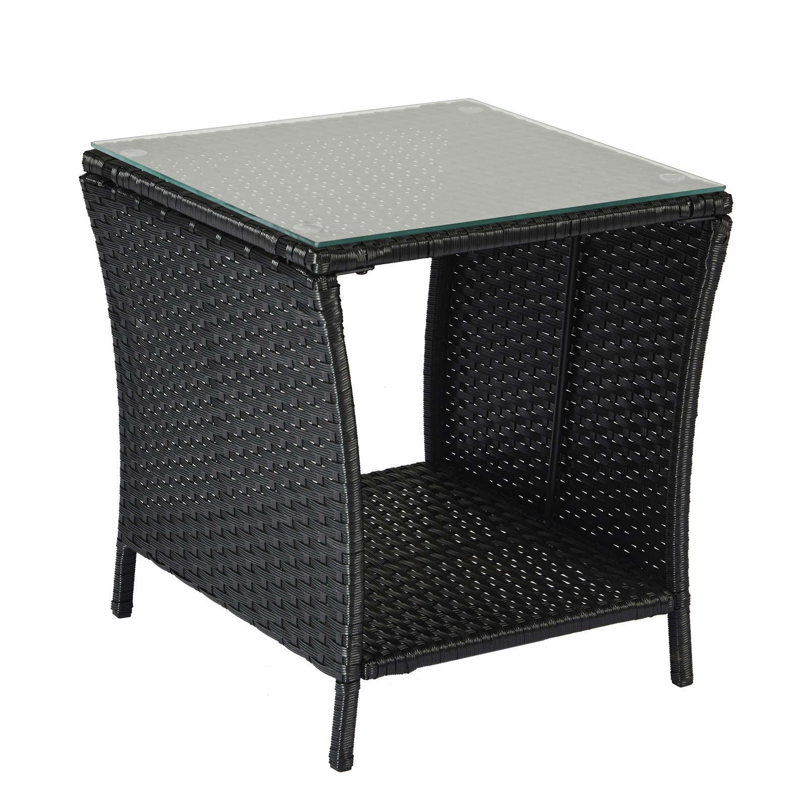 Wicker Rattan Side Table with Glass, Storage for Patio Outdoor Garden Furniture