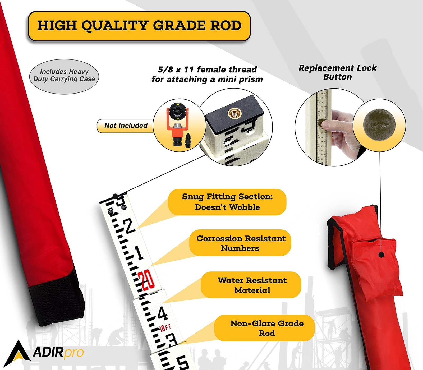AdirPro 20 ft Fiberglass Telescoping Grade Rod | 5-Section Rectangular Leveli...