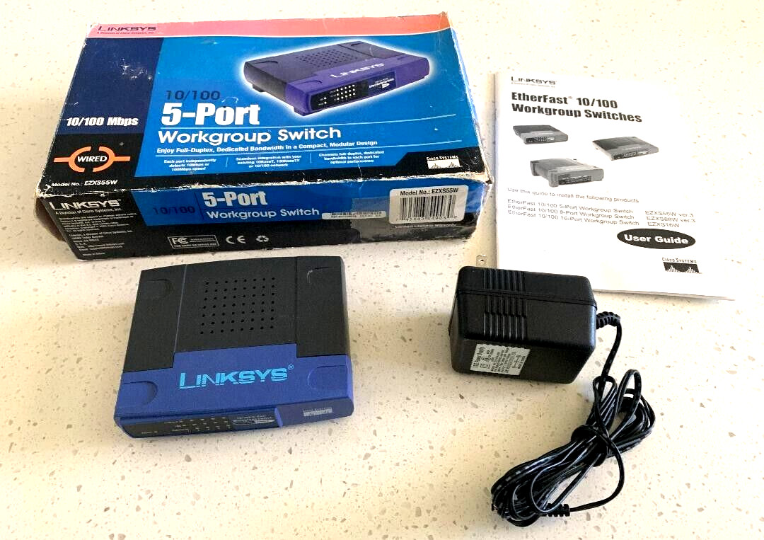 LINKSYS EZXS55W 10/100 5-PORT WORKGROUP SWITCH W/POWER ADAPTER AND USER GUIDE