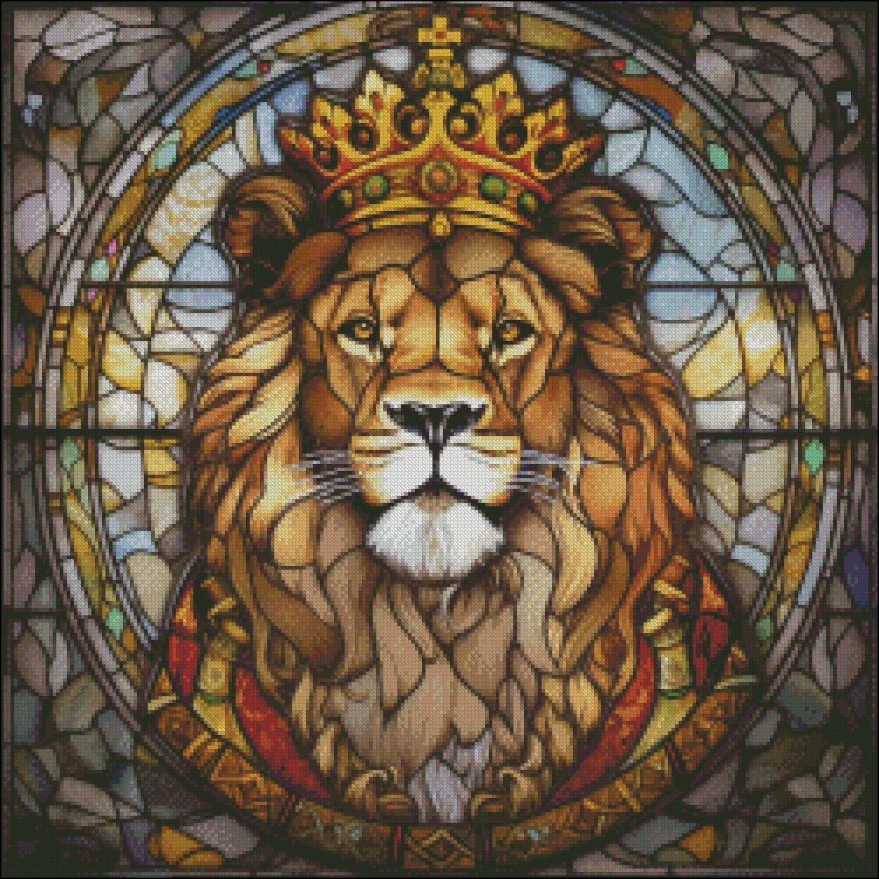 King Lion Portrait Stained Glass 1 - Counted Cross Stitch Patterns Needlework