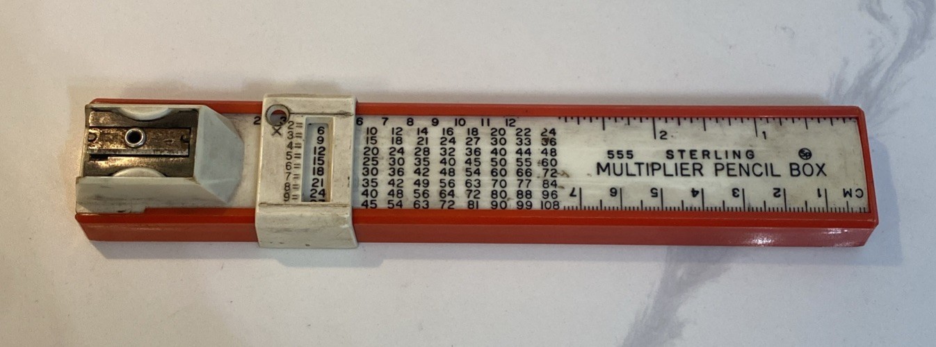 Vintage Sterling Multiplier Pencil Box, Sharpener & Ruler, Red And White 7 5/8"