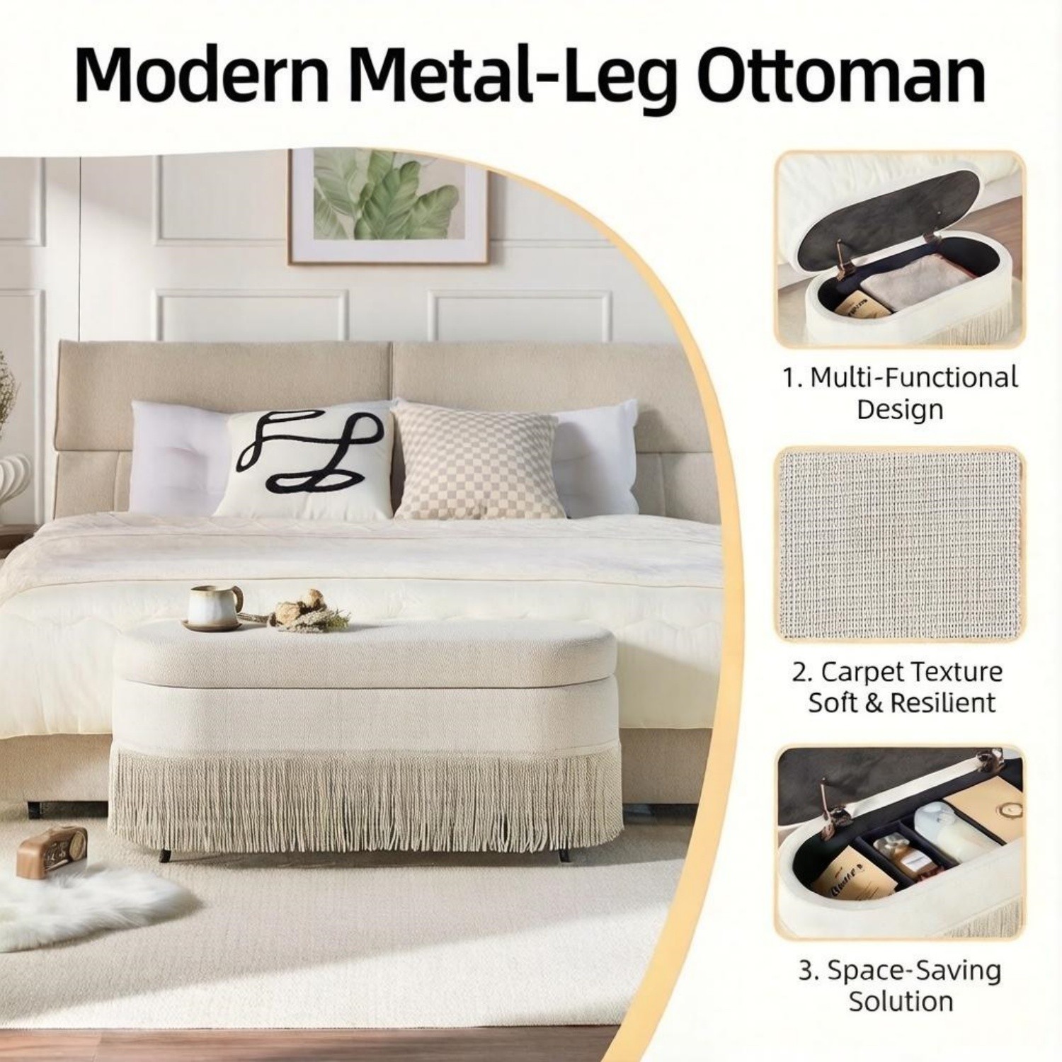 Storage Ottoman Bench 39" Oval Upholstered Footrest w/ Metal Frame & Fringe Trim