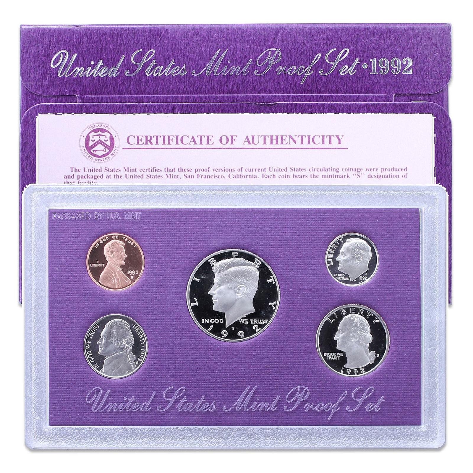 1992 S Proof Set Original Box & COA 5 Coins CN-Clad