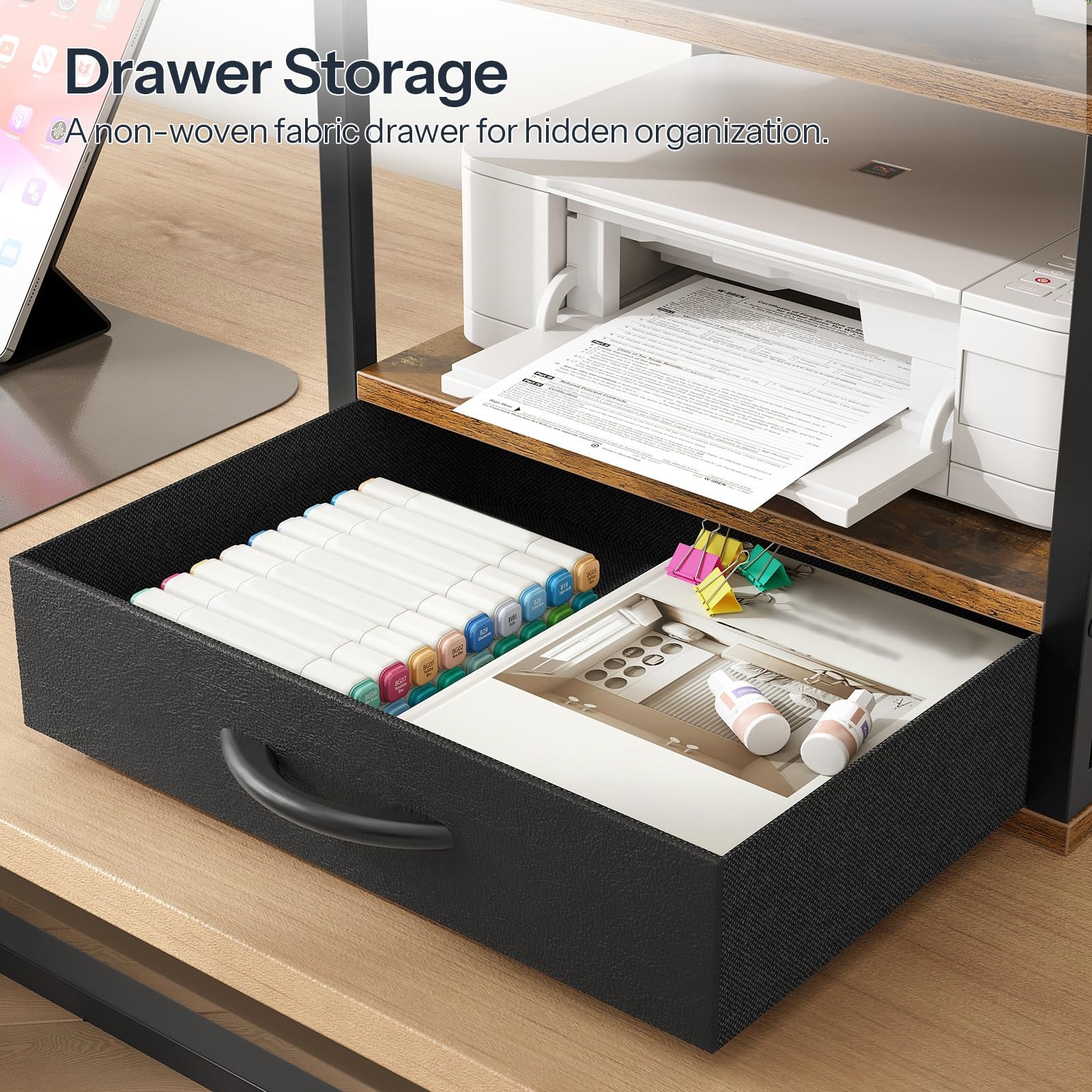2-Tier Desktop Printer Stand with Drawer, Under-Desk Printer Table with Stora...