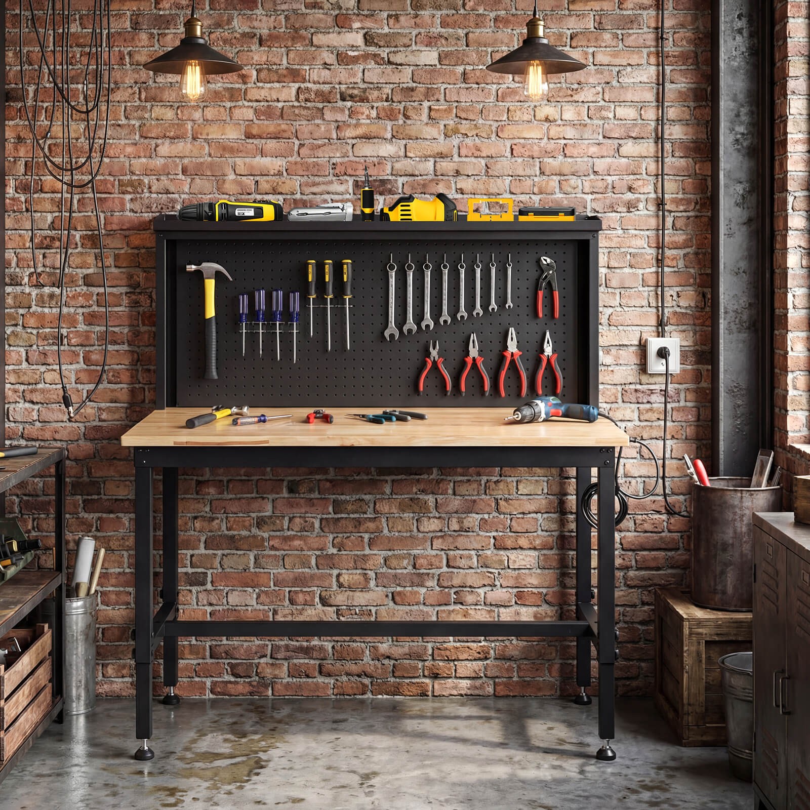 48” Heavy Duty Workbench with Pegboard and AC/USB Outlets, Max Load 2000 LBS