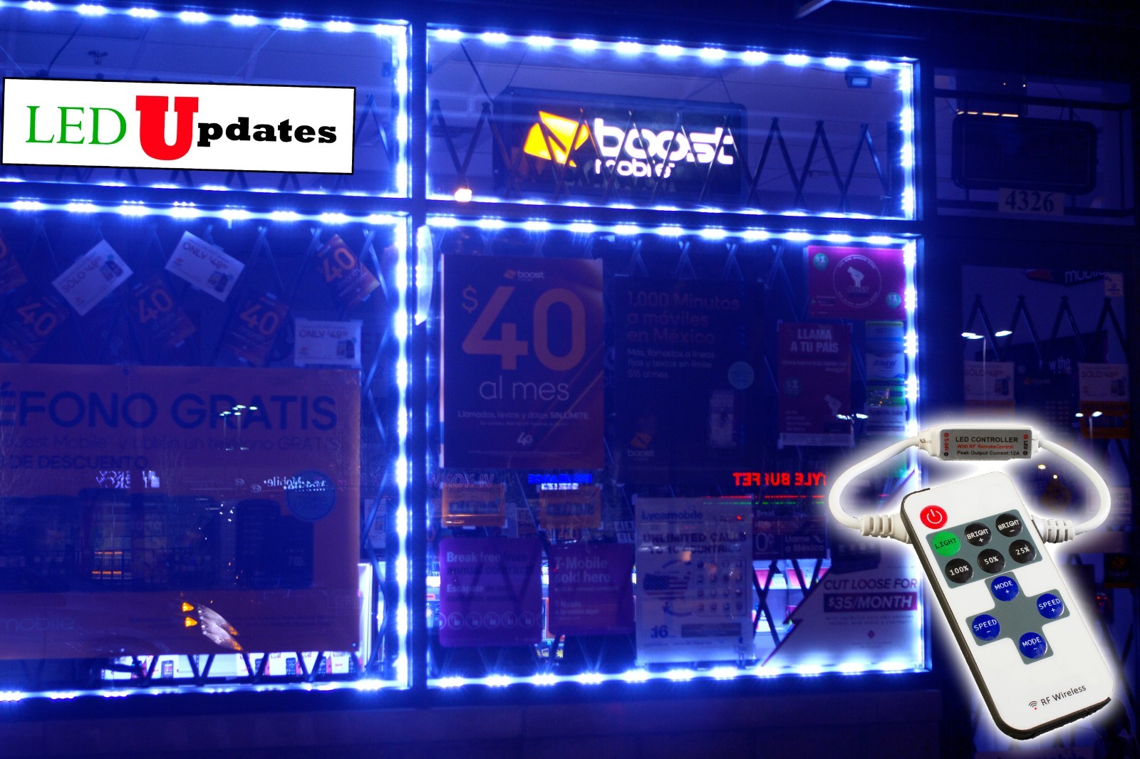 LEDUPDATES 40ft  Flash STOREFRONT WINDOW Blue LED LIGHT 5050 UL Power & Remote
