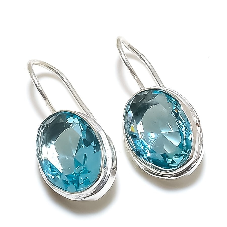 Swiss Blue Topaz Gemstone Handmade 925 Sterling Silver Jewelry Earrings Sz 1.20"