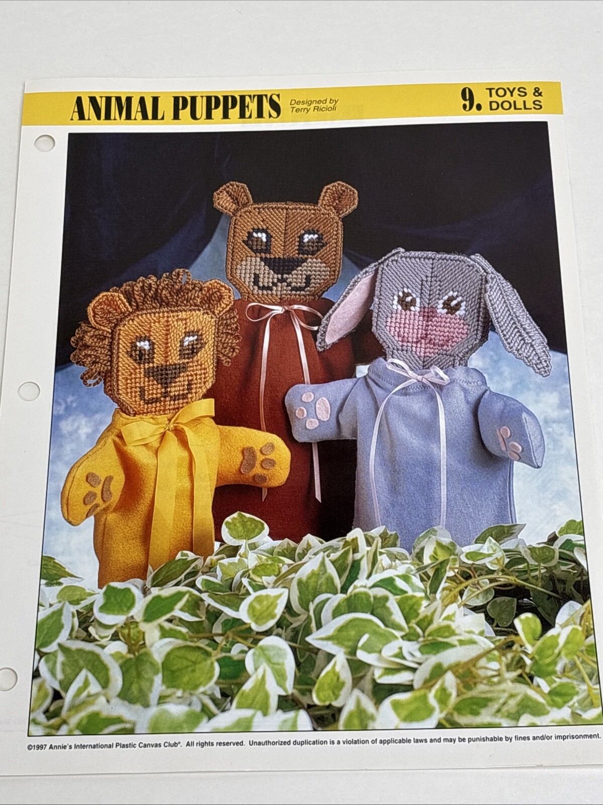 Animal Puppets Lion Bear Rabbit Annie's Attic Plastic Canvas Pattern Page