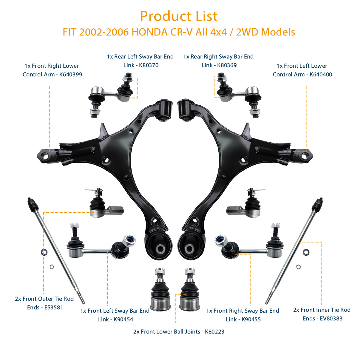 Control Arm Ball Joint Tie Rod Sway Bar Suspension Kit 12p for 02-06 Honda CR-V