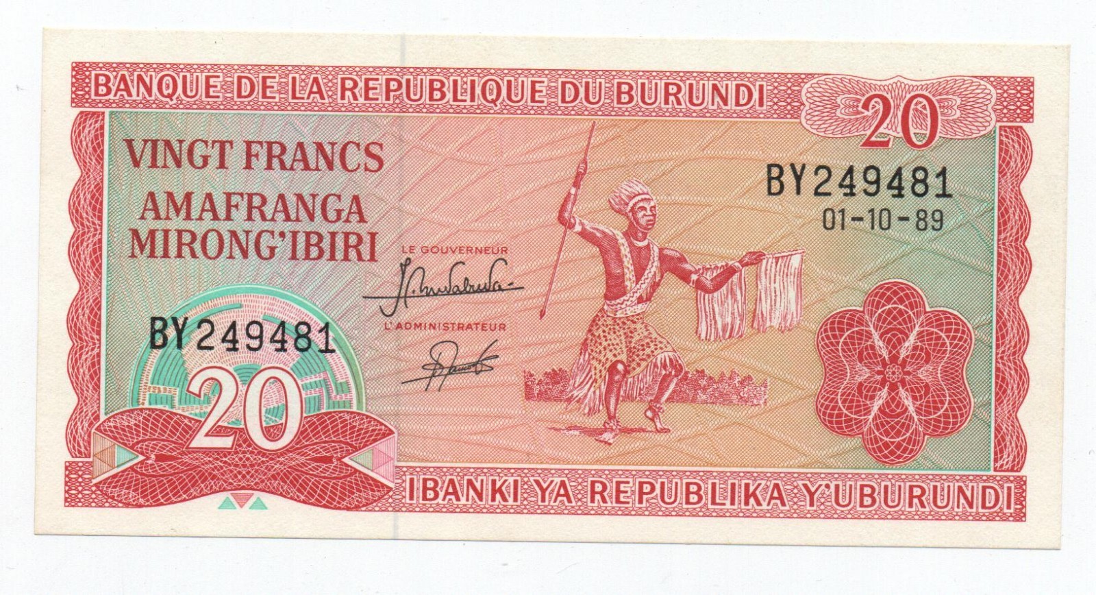 BURUNDI 20 FRANCS 1989 PICK 27B UNC