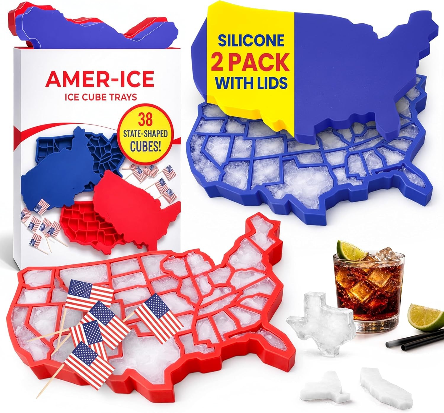 AMER-ICE 2-Pack USA Red & Blue Silicone Trays with 38 States Ice Cube Molds