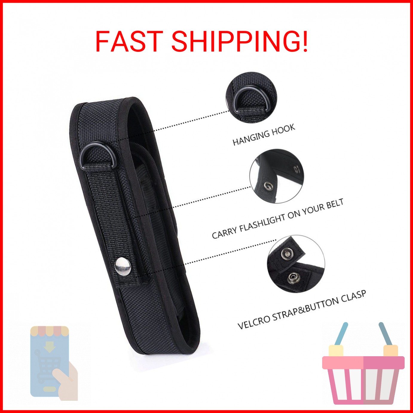 2 Pcs Flashlight Holster Pouch Holder Flash Light Belt Pouch Carry Case for 5"-7