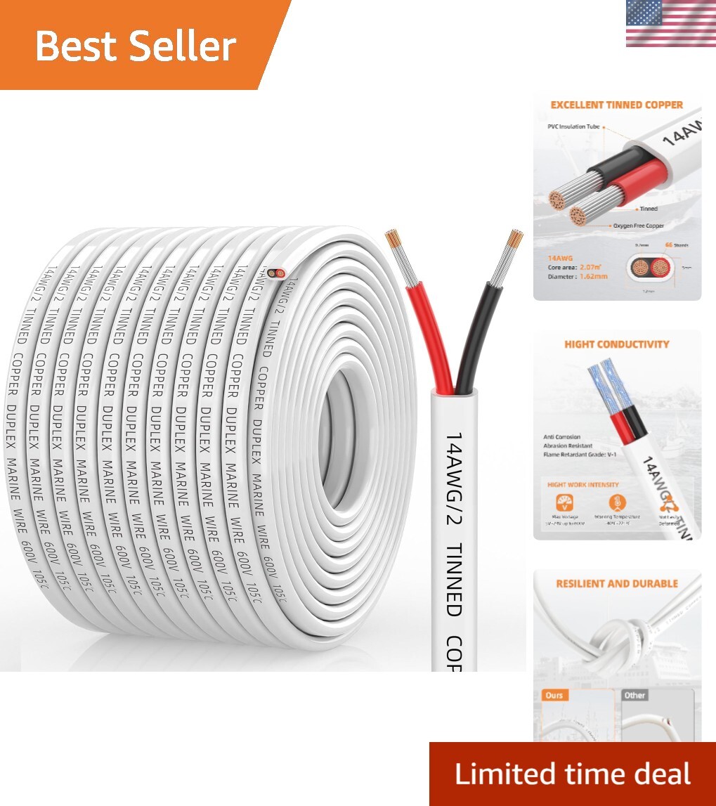 14 Gauge Marine Wire, 14/2 Duplex Marine Grade Cable, IP68 Waterproof/Oxygen-...