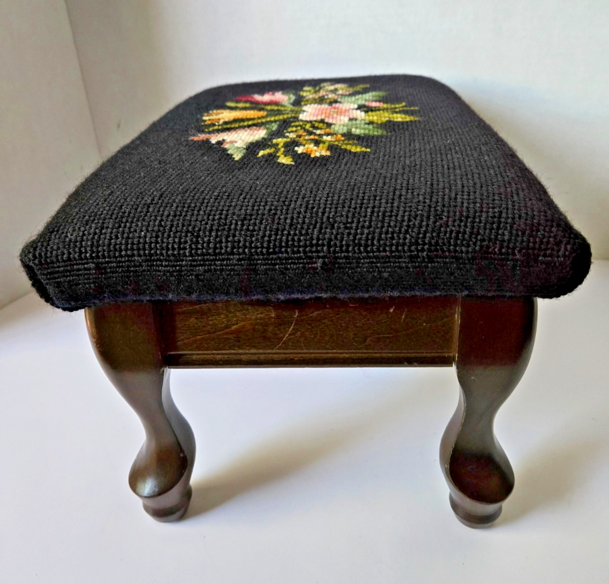 Vtg Floral Needlepoint Footstool Wool Rectangular Victorian Flowers Black 14.5”