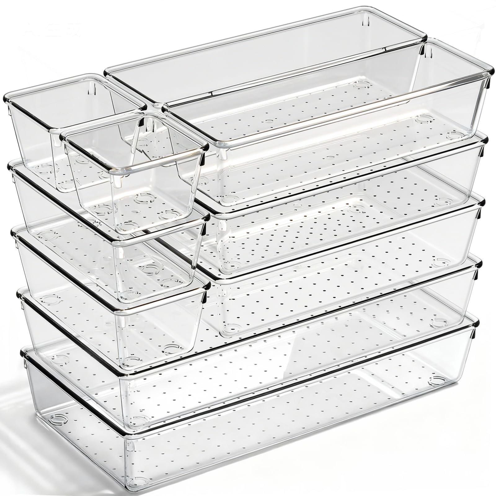 Drawer Organizer, 10 Pack Large Clear Plastic Organizer Bins 5 Sizes, Versati...