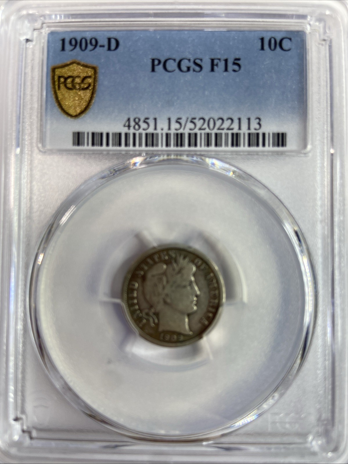 1909-D Barber Dime 10c PCGS Certified F15 Great Coin