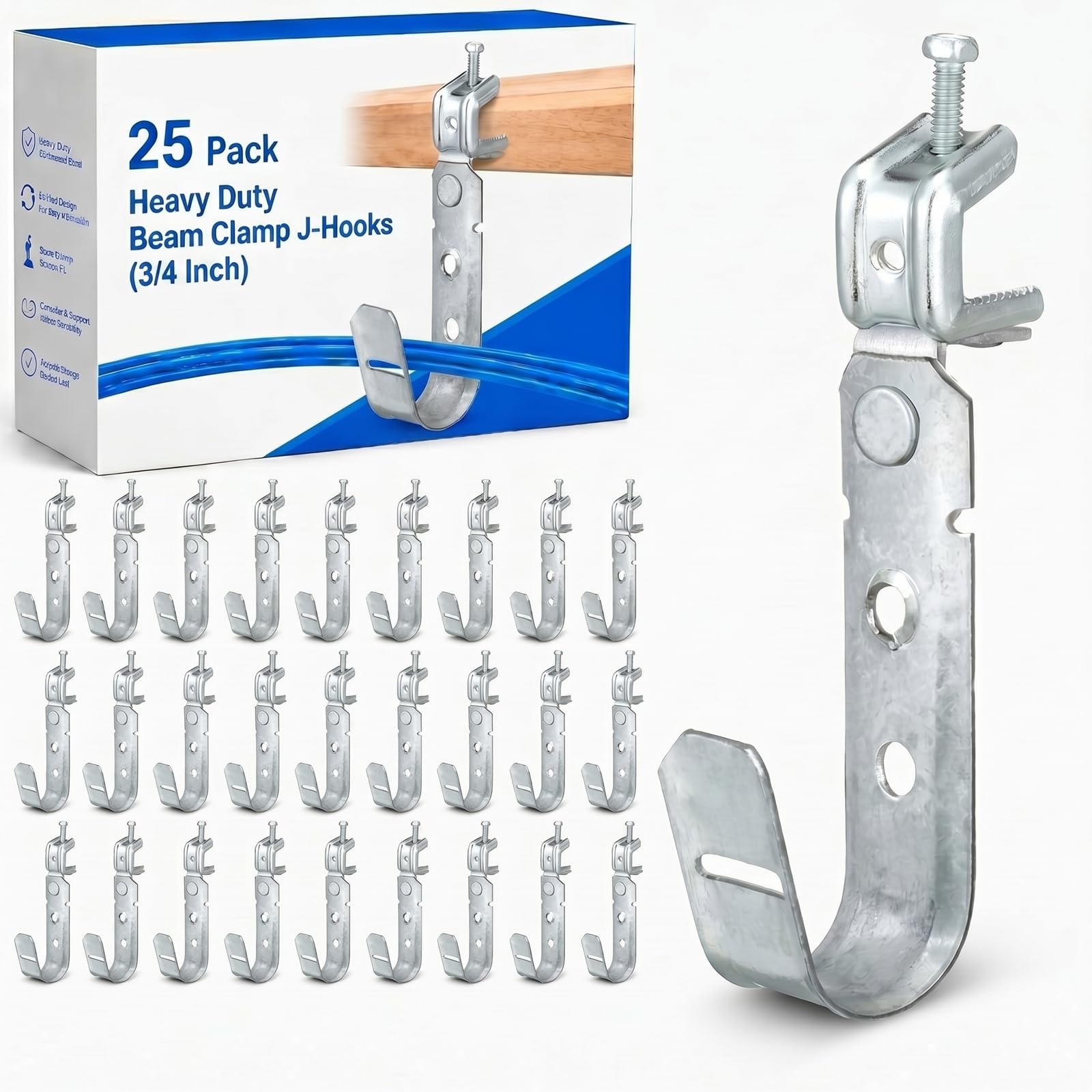 Tandefio 25 Pack Cable Support J Hook with Beam Clamp, Heavy 3/4 Inch, Silver