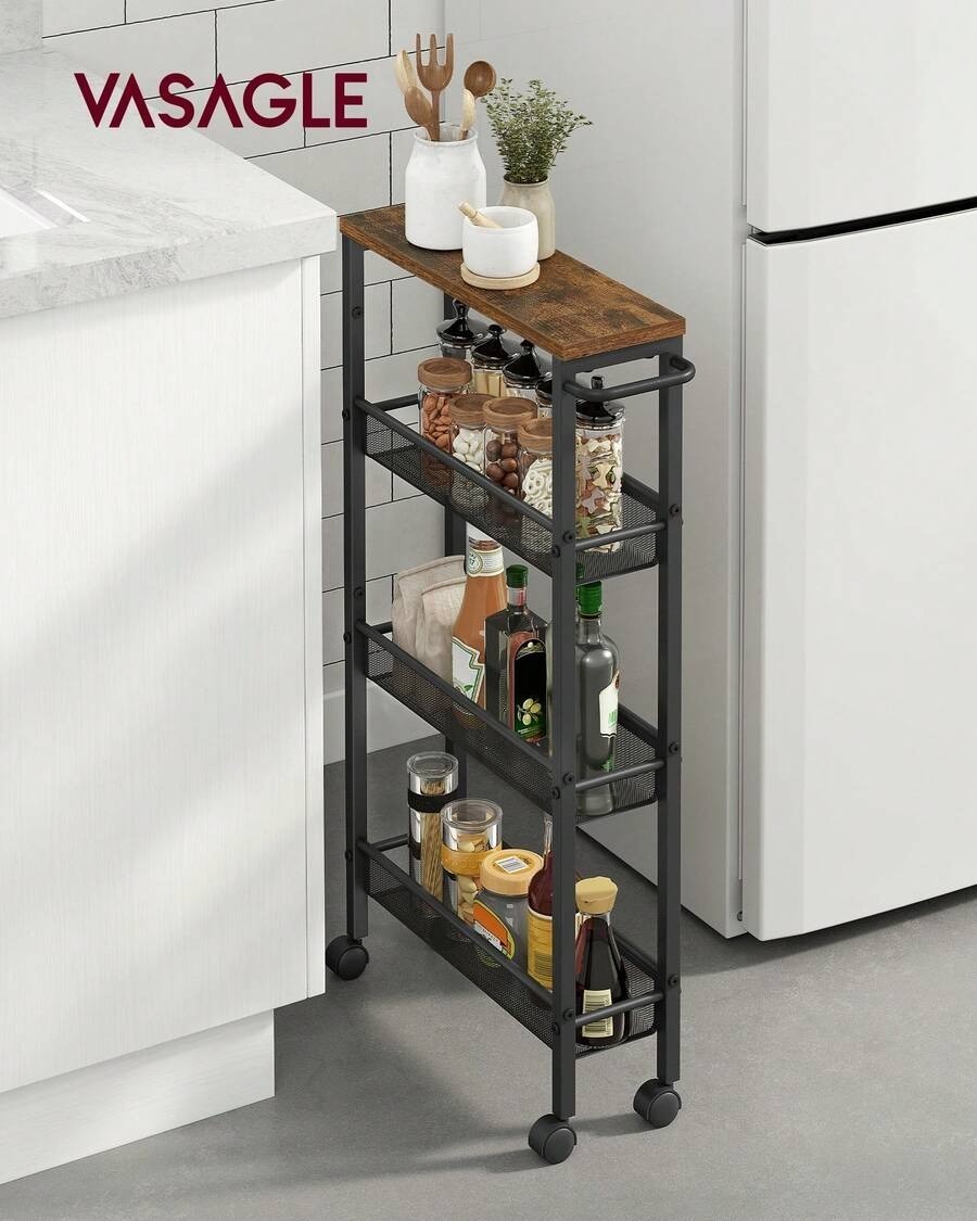 VASAGLE 4-Tier Slim Rolling Storage Cart With Handle & Casters, Black