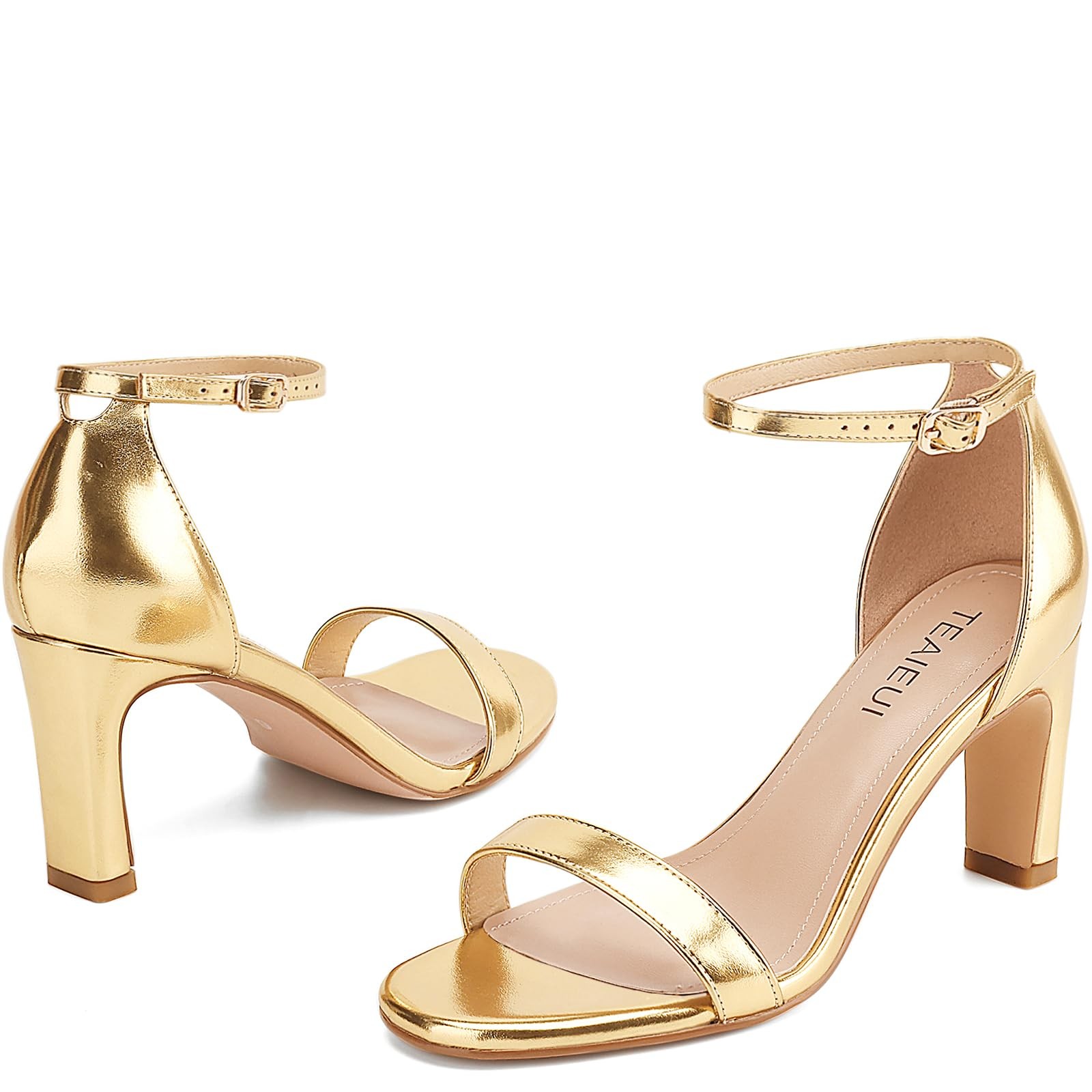 TEAIEUI Gold Heels for Women Open Toe Heeled Sandals Chunky 7, Aa-gold