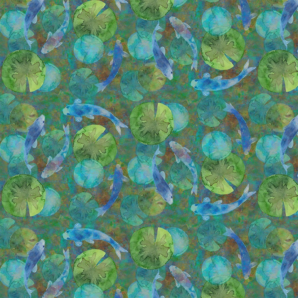 LILY POND FABRIC Hidden Koi Y4621-104 Teal Clothworks Sue Zipkin BTHY