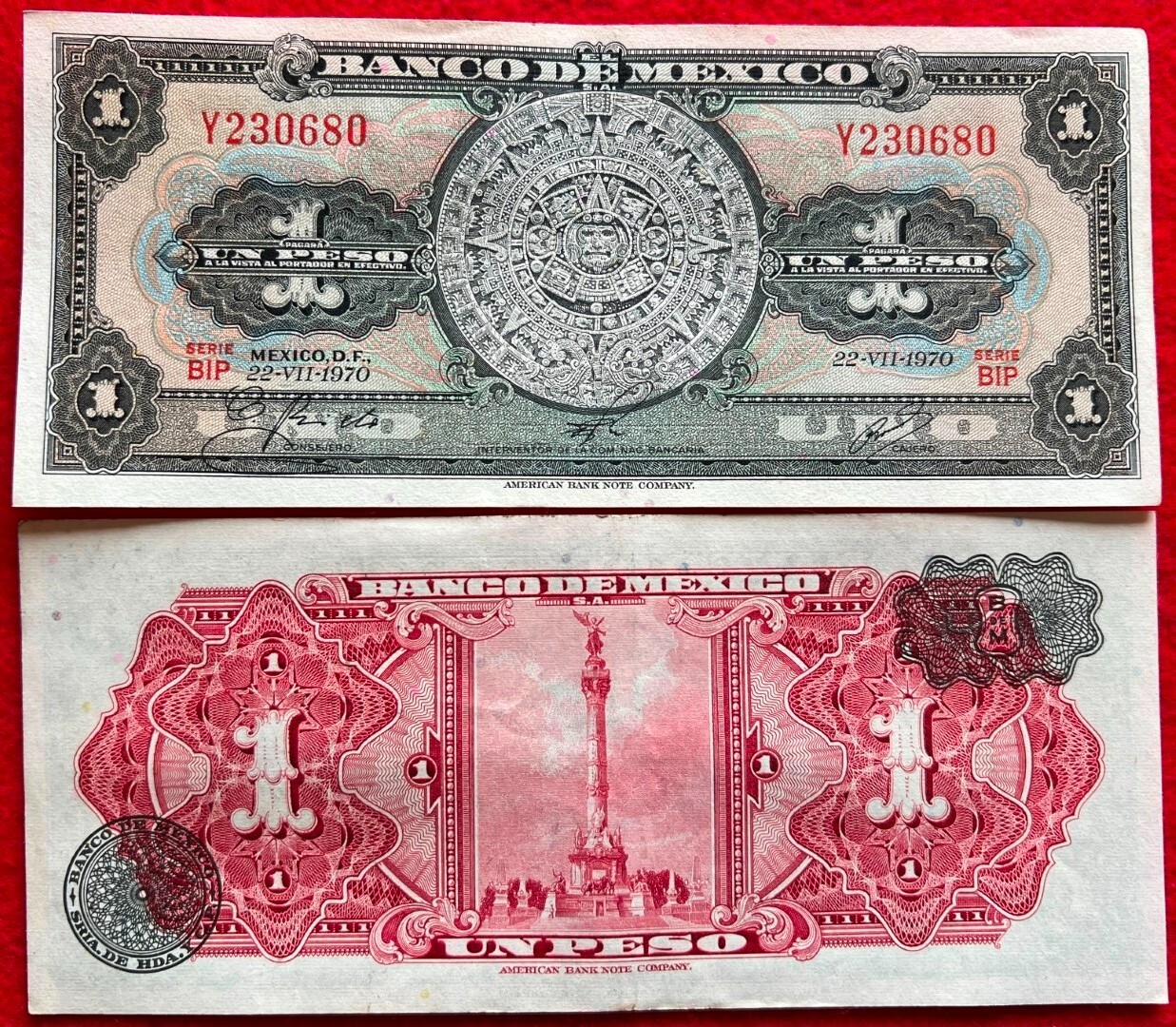 1970 Mexico Banknote 1 Peso Paper Money Aztec Calendar SERIE BIP PREFIX Y 230680