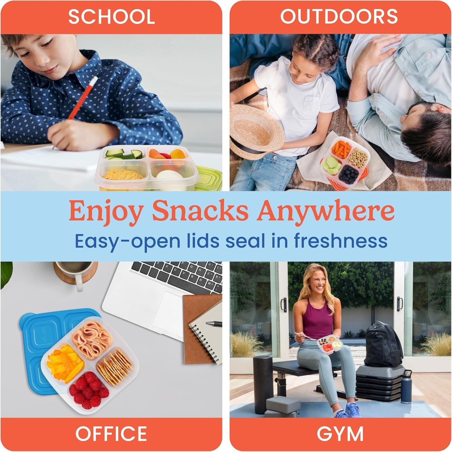 Easyboxes 4-Compartment Snack Containers - 8-Piece Set with 4 Trays & 4 Custo...